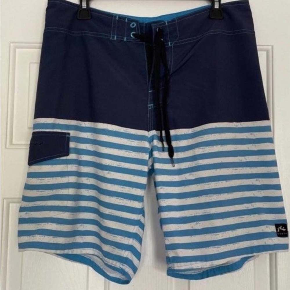 Men's Navy & Light Blue Striped Swim Trunks